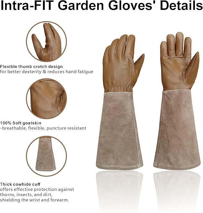 Leather Gardening Gloves – Goatskin Palm & Cowhide Cuff, Thorn-Resistant Long Garden Work Gloves