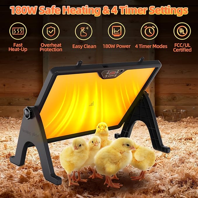 Brooder Plate Heater with Remote - 2-Sided Warming Chick Heat Plate, 4 Timers, Night Light, LED Temp Display, 180W Low Energy, for Chick, Cat, Dogs in Cold Weather (Dark Black)