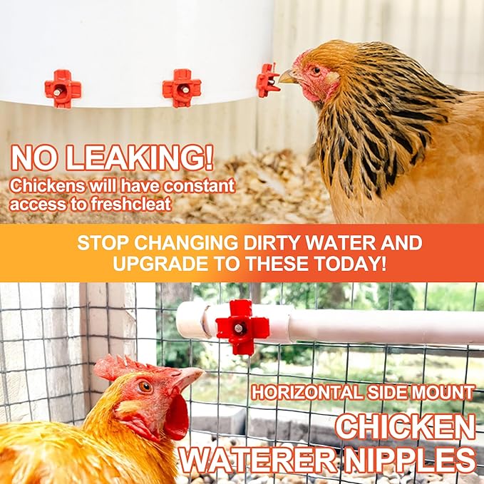 Horizontal Chicken Waterer Nipples, Automatic Poultry Watering System with Drill Bit, Leak-Proof & Side Mount Drinker Feeders for Chickens (Pack of 10)