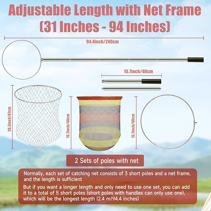 2 Sets Chicken Catching Net with 2 Poles 2 Nets Extra Durable Fishing Net for Adult Poultry Catcher Net Thickened Adjustable Stainless Steel Catching Poles Sets for Chick Goose Ducks Fish Birds