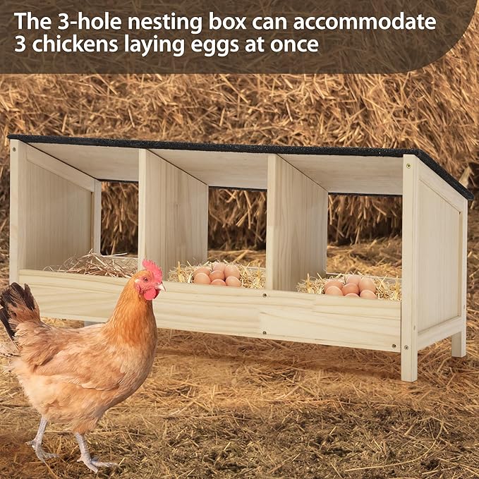 COZIWOW Chicken Nesting Boxes 3 Compartment-Waterproof Asphalt roof, Easy to Install, Wooden Nesting Boxes for Chicken Coop, Egg Laying Boxes for Hens,Ducks,Poultry,Rabbit,Squirrel