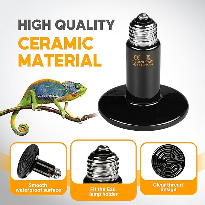 HealSmart 100W Reptile Heat Lamp Ceramic Heat Emitter, No Light Emitting Heat Bulbs, Suitable for Snake/Lizard/Spider, Plant Growth and Incubating Chicken, 4-Pack