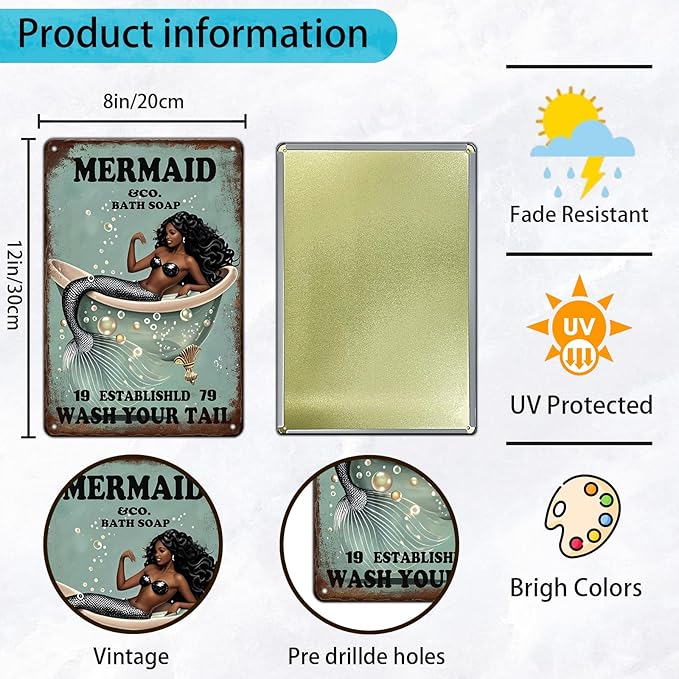 Funny Mermaid Sign Company Bath Soap Metal Signs Wash Your Tail Mermaid Wall Decor Retro Poster for Room Living Room Bathroom Toilet Hotel 12x8 Inch