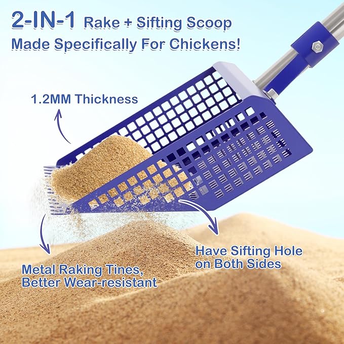 Metal Pooper Scooper for Large Dogs & Chicken Coop - Heavy Duty Long Handle Dog Poop Scoop with Sifting Shovel, Adjustable Rake for Yard, Gravel & Kennel Cleaning, Rust-Proof Stainless Steel