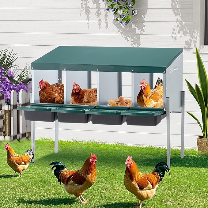 4-Compartment Chicken Nesting Boxes with Legs and Cover, Metal Nesting Boxes with Removable Tray