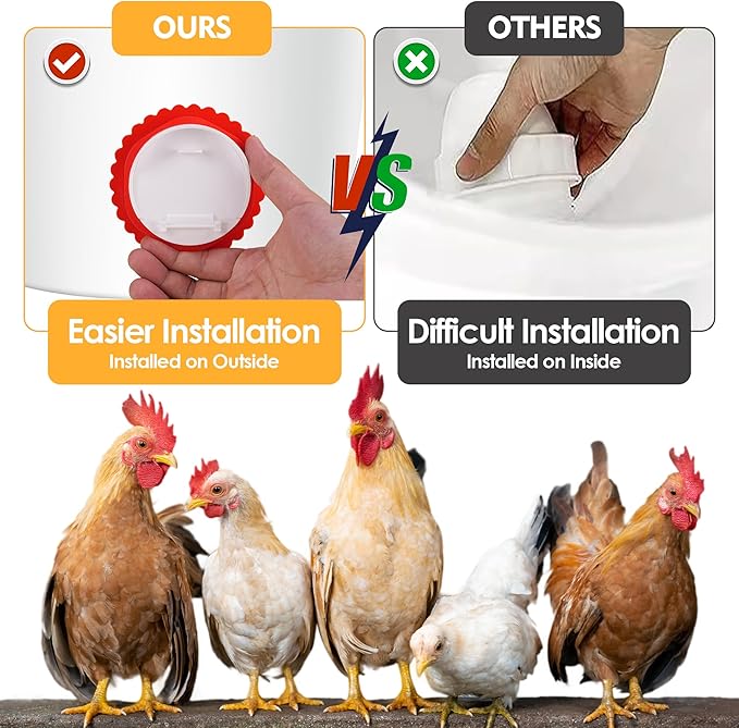 6Pcs Chicken Feeder Port, Upgraded Chicken Feeder No Waste, Waterproof Chicken Feeders with Raised Baffle & 1 Drill Bit, Poultry Feeder for Buckets, Barrels, Bins