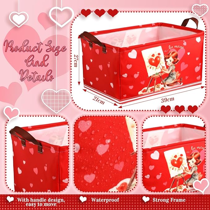 CHENGU 6 Pack Valentine's Day Storage Basket Vintage Valentine's Day Basket for Gift Collapsible Red Heart Holiday Decor Retro Large Bin Foldable Waterproof Box with Handle for Bedroom Laundry Nursery