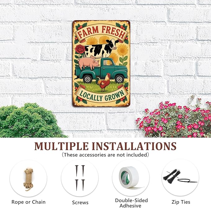Farm Fresh Locally Grown tin sign Vintage Farm Animals Truck Metal Sign for Garden & Yard Bar Porch Garage Home Bedroom Kitchen Decor Gift 8 x 12,easy to hang
