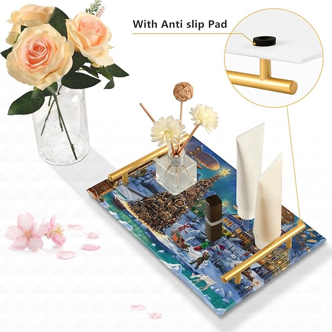 Bathroom Vanity Tray Counter Organizer, Winter Christmas Village Decorative Tray with Handles Countertop Storage for Bathroom Bedroom Kitchen Home Farmhouse