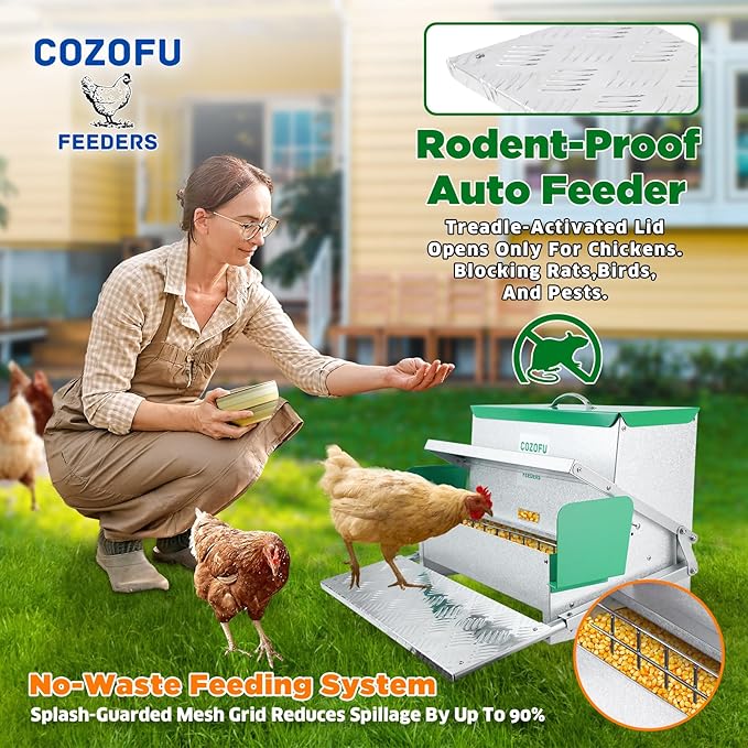 COZOFU's Feeders Automatic Chicken Feeder - Large Capacity for 12 Chickens, Lasts 12 Days (40lb Feed), Durable Galvanized Steel, Rat-Proof, No-Spill, Weatherproof Lid