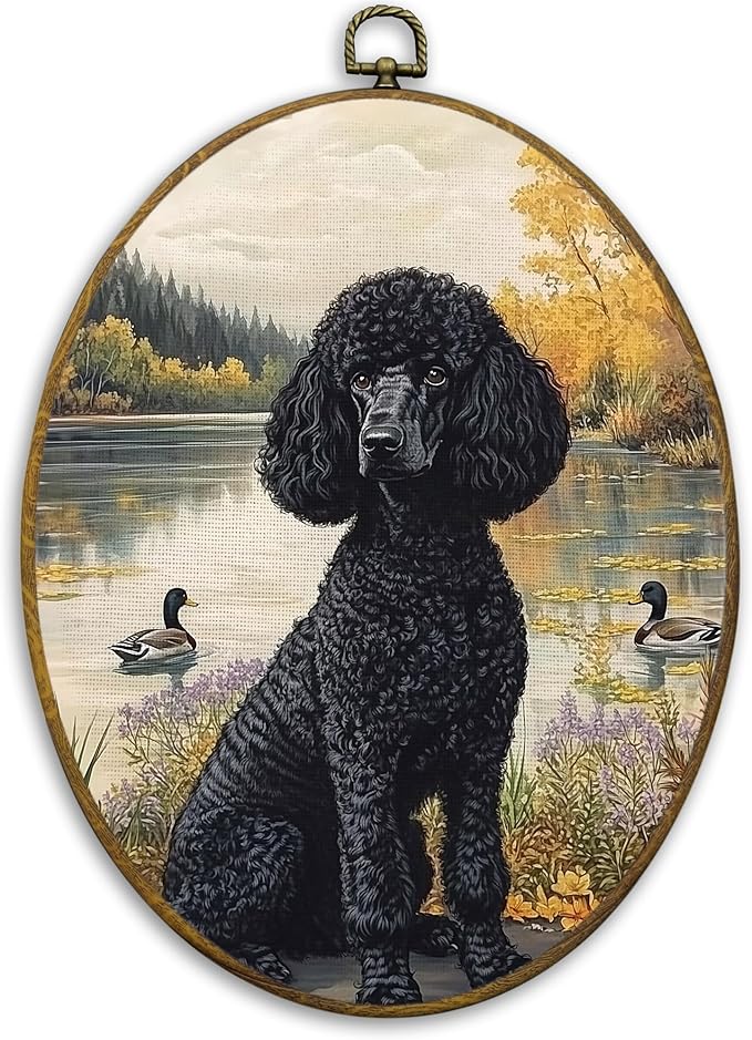 CUANFDDSF Vintage Black Poodle Oval Wall Art Decor, Poodle Gifts for Women Wall Hanging Decor, Cottage Core Farmhouse Lakeside Dog Duck Framed Canvas Prints for Home Bedroom Living Room, 8.6x11.4 Inch