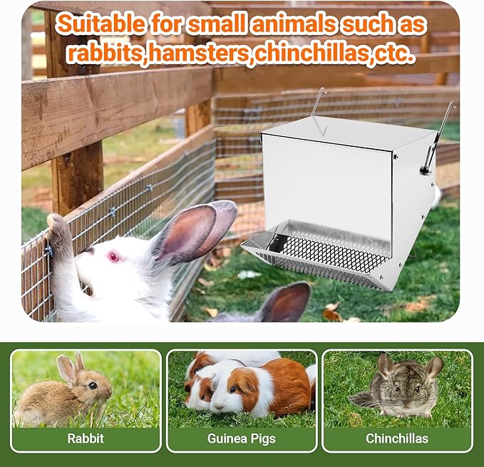 Rabbit Feeders Automatic for Cages,3.5 Pound Large Metal Trough Feeder with Lid Galvanized Steel Outdoor Bunny Food Dispenser for Rabbits Chicken Guinea Pig Pet and Other Small Animals