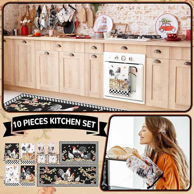 10 Pcs Rooster Kitchen Dish Towels Rugs Oven Mitts and Pot Holders Set Farmhouse Kitchen Decor Set for Women Mom Daughter Gift Cooking Baking Grilling (Vintage Black White)