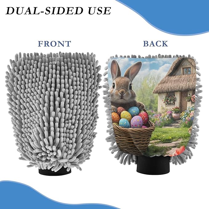 Cute Bunny Basket Colorful Eggs Washing Mitts Car Wash Absorbent Microfiber Chenille Cleaning Car Detailing Mitts Soft Non Scratch, Medium x 2 Pack