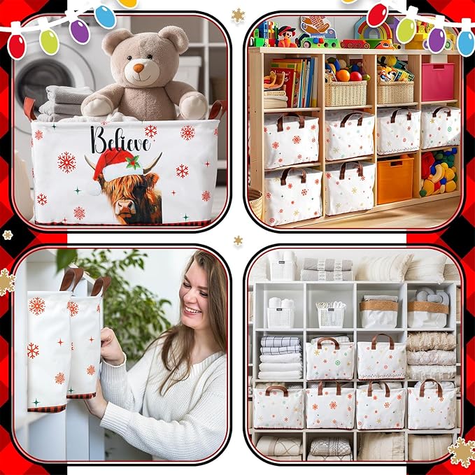 CHENGU 6 Pack Christmas Storage Basket Collapsible Christmas Basket for Gifts Highland Cow Holiday Decor Large Red Truck Bin Foldable Xmas Tree Box with Handle for Bedroom Office Home