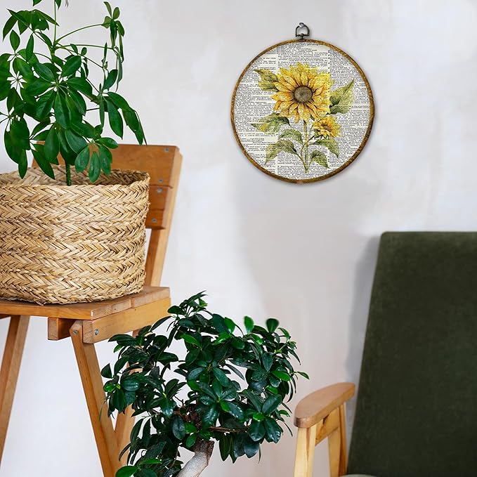 Hiuwevt Vintage Flower Round Wall Art, Rustic Floral Wall Decor, Retro Summer Yellow Floral Hanging Canvas Prints Walls Decorations for Farmhouse Home Bedroom Living Room, 10x10 Inch