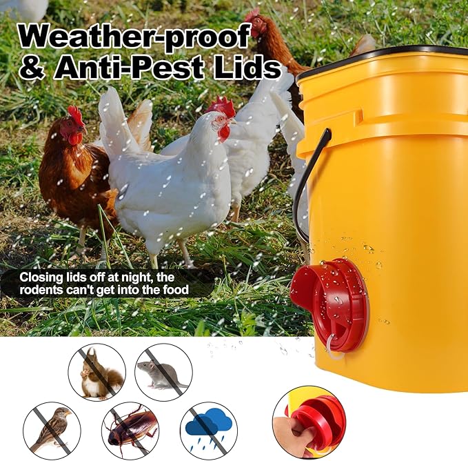 Chicken Feeder No Waste, 4 Ports Automatic Poultry Feeder with Covers & Hole Saw, Rain Proof Chicken Feeder Port for Buckets, Bins & Barrels