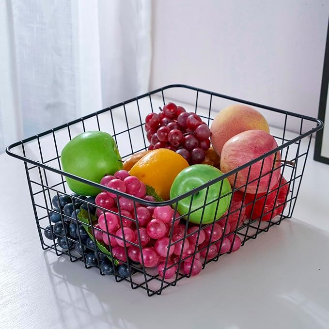 JUNCHU CHERRY【Extra Large】Wire Kitchen Storage Baskets 2 Packs,Perfect Pantry Organization Accessories Basket,Laundry Basket,Suitable for Countertop, Kitchen, Bedroom, Bathroom,Black