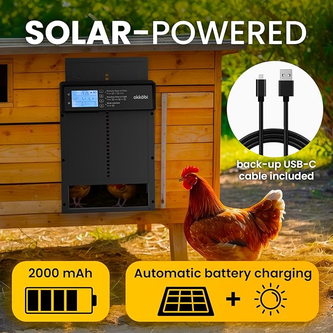Okkobi Automatic Chicken Coop Door Solar Powered - LCD Display - Chicken Coop Door with Light Sensor & Timer - Security & Peace of Mind: Anti-Pinch Function - 5-Year Protection - Black