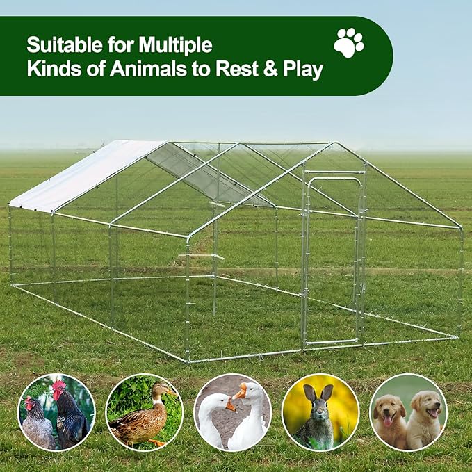 Chicken Coop Large Metal Chicken Run with Chicken Perch, Outdoor Dog Kennel with Roof Waterproof Anti-UV Cover Secure Lock for Outside Backyard Farm (19.7' L x 9.8' W x 6.72' H)