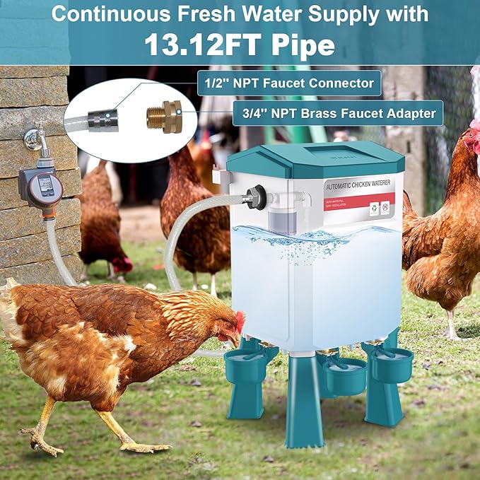 Automatic Chicken Waterer 2 Gallons, Float-Controlled Chicken Water Feeder with 4 Water Cups, 158.4-Inch Hose with 3/4'' and 1/2'' Ends, Large Poultry Waterer for Chick Quail Duck Turkey, Blue