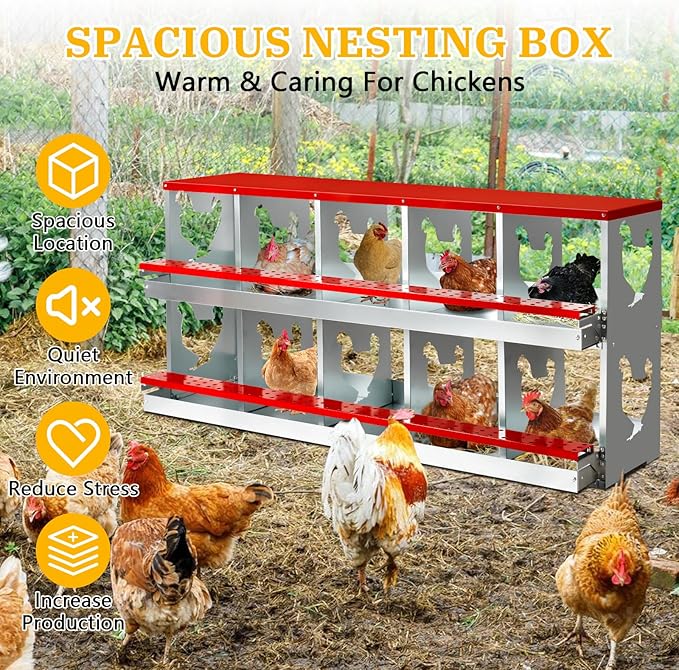 Chicken Nesting Box for Laying Eggs,Wall-Mountable Chicken Coop Nesting Boxes,10 Hole Roll Away Nesting Boxes,with Large Vented Holes,for Chickens,Ducks,Large Egg Laying Boxes (Red 10 Hole)