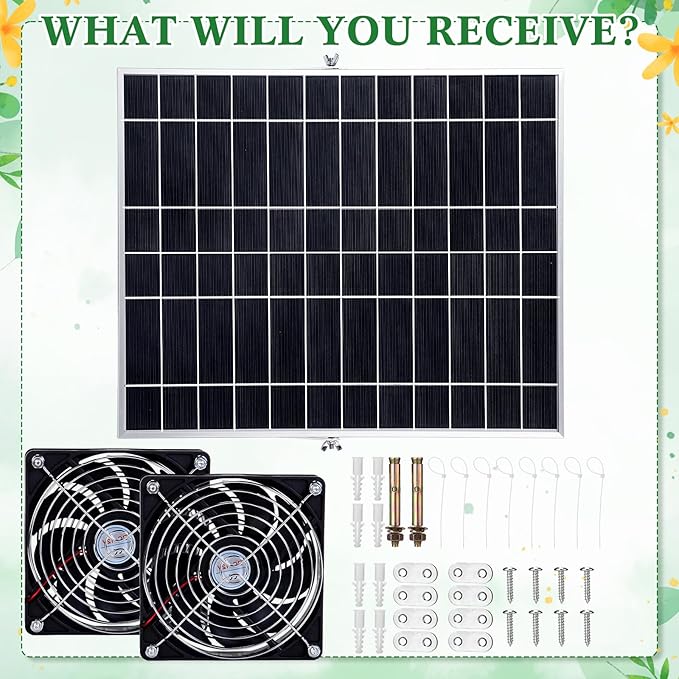 20w Solar Powered Fan Kit for Chicken Coop IP67 Waterproof Dual Solar Greenhouse Fan 3500 RPM High Speed Exhaust Fan with 10ft Cable for Shed Pet House Window Outside Inside(1 Set)