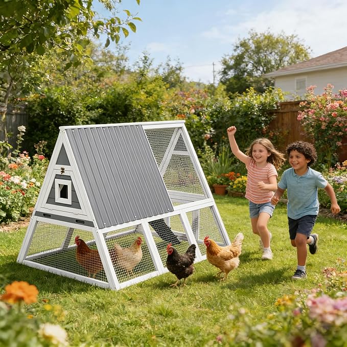 Large Chicken Run Coops with Nesting Boxes Outdoor for 4-6 Chickens Wooden Duck Rabbit Hen House A-Frame Quail Pens with Wire Fencing and Weatherproof Roof for Backyard, Farm, Yard(Extremely Stable)