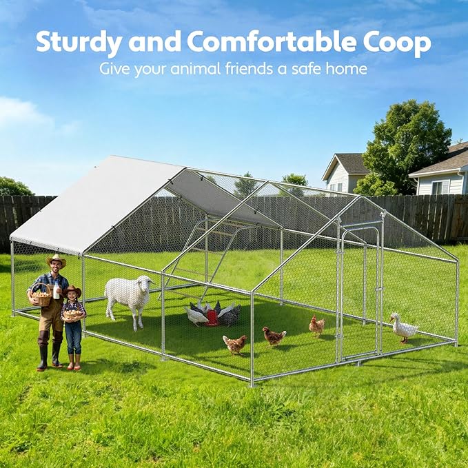 Large Metal Chicken Coop Run with Roosting Perch, Outdoor Waterproof and UV-Resistant Cover for Chickens, Ducks, Rabbits, and Hens in Yard or Farm Use Spire Roof (13.1'Wx19.7'Lx 6.5'H)