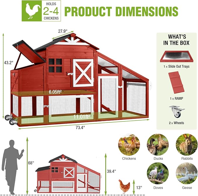 GUTINNEEN Chicken Coop with Wheels for 2-4 Chickens, Large Wooden Outdoor Hen House with Run, Waterproof & UV-Resistant Roof, Removable Leakproof Tray and Divided Nesting Box– Red