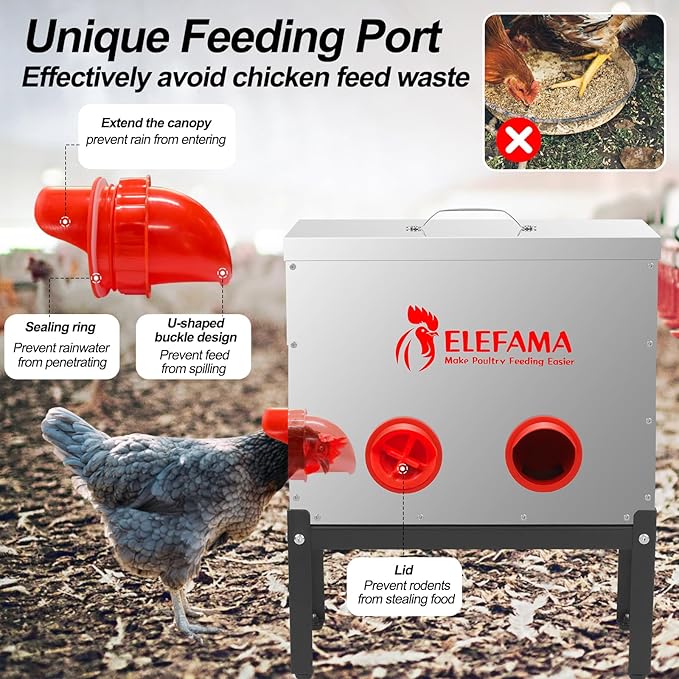 45 LB Automatic Chicken Feeder Metal Kit with Legs Locking Lid 6 Ports Large Poultry Feeder Vegetable Hanging String Bag Leg Rings Duck Chicken Coop Chick Feeder System Food Dispenser No Waste