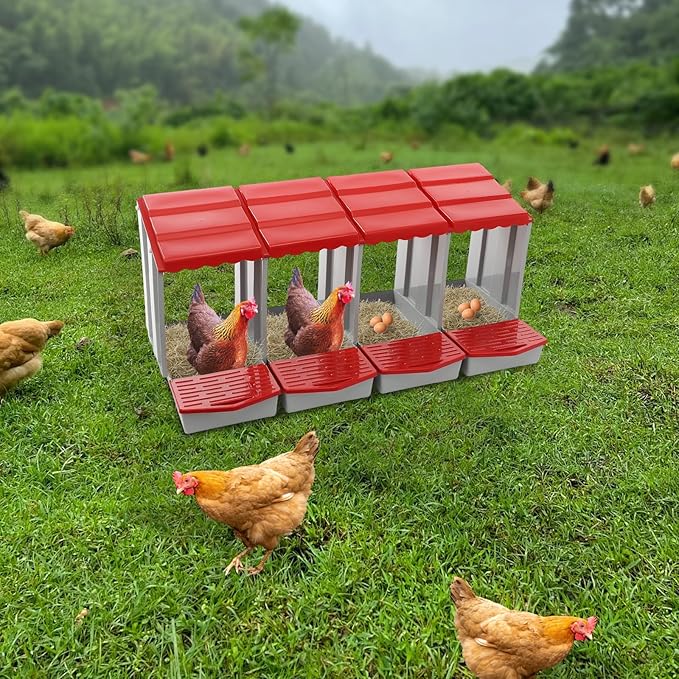 Chicken Nesting Boxes 4 Compartment PP Nesting Box with Inclined Nesting Boxes & Vented Holes Wall Mount Chicken Laying Boxes for Chicken Coop (Red)