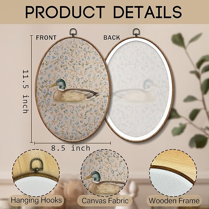 Yorhifa Boho Mallard Duck Nursery Framed Wall Art, Cottagecore Botanical Floral Duck Oval Wall Art, Country Wildlife Waterfowl Oval Walls Decor, Rustic Canvas Artwork Hanging Decor, 8.5x11.5in