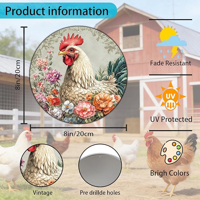 Chicken Coop Hen Round Vintage Metal Tin Sign Flower Kitchen Farmhouse Wall Signs Vintage Wall Art Decoration Poster for Chicken Lovers Decor 8 Inch