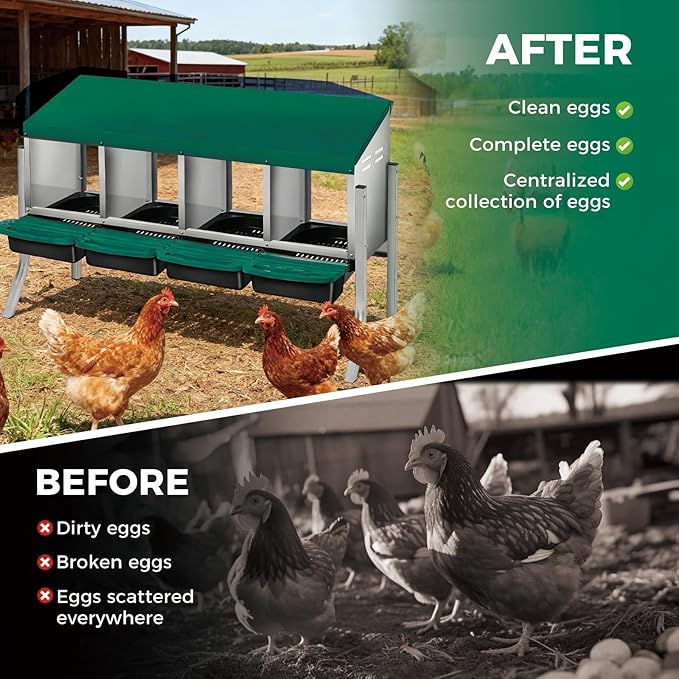 Chicken Nesting Boxes, Metal Rollaway Chicken Nest Box with Rollout Egg Collection, Removable Tray & Nesting Pads, Egg Laying Box for Chicken Coop Hens, Wall Mount or Standing, 4 Compartments, Green