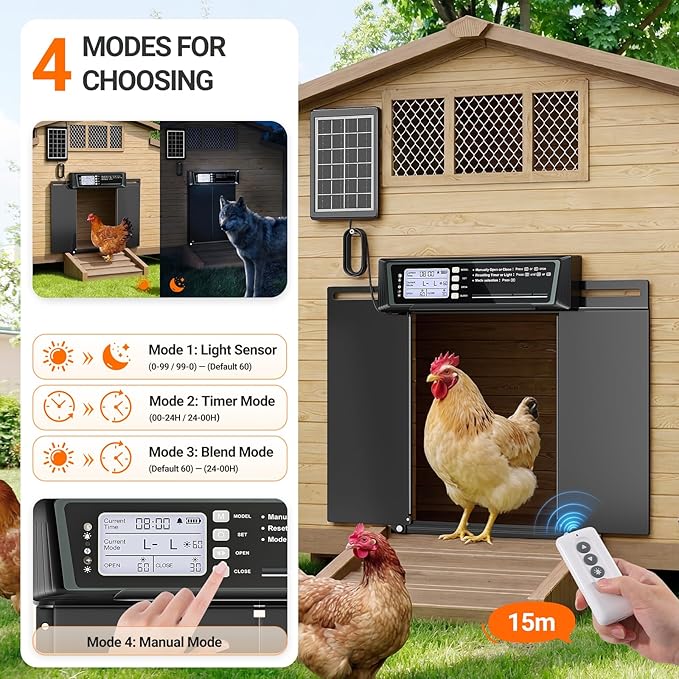 Automatic Chicken Coop Door Solar Powered, Extra Large Horizontal Opening Auto Chicken Door with Timer & Light Sensor, Remote & Manual Control, USB Backup, Anti-pinch, Aluminum Weather-proof Coop Door