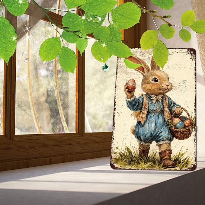 YoyaVex Bunny Metal Sign Vintage Easter Design With Decorative Eggs Rustic Wall Decor For Indoor Outdoor Use In Home Garden 8X12Inch