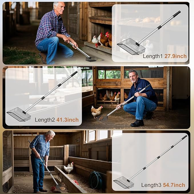 Large Metal Chicken Poop Scooper 10" Wide, Stainless Steel Long Handle (27.9 to 54.7") Heavy Duty Litter Sifting Shovel, Poultry Litter Scooper for Chicken Coops, Sheep Pens and Cat Litter Box