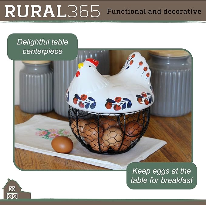 Rural365 Chicken Egg Basket in Navy and Red Design Ceramic Chicken Shaped Lid with Round Wire Basket Base and Handles