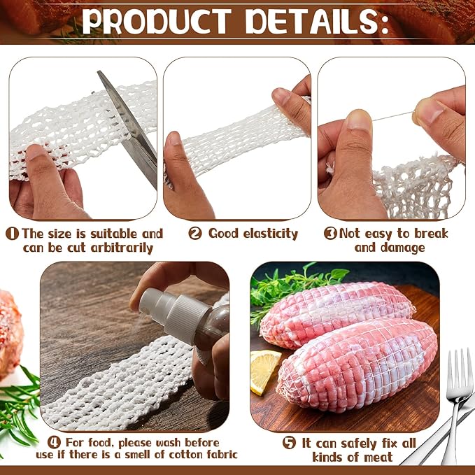 Boyiee 4 Rolls Meat Netting Roll, Size 16 Elastic Smoked Meat Poultry Ham Netting Butcher Twine Cooking String to Tie Making Smoking Drying Ham Sausage