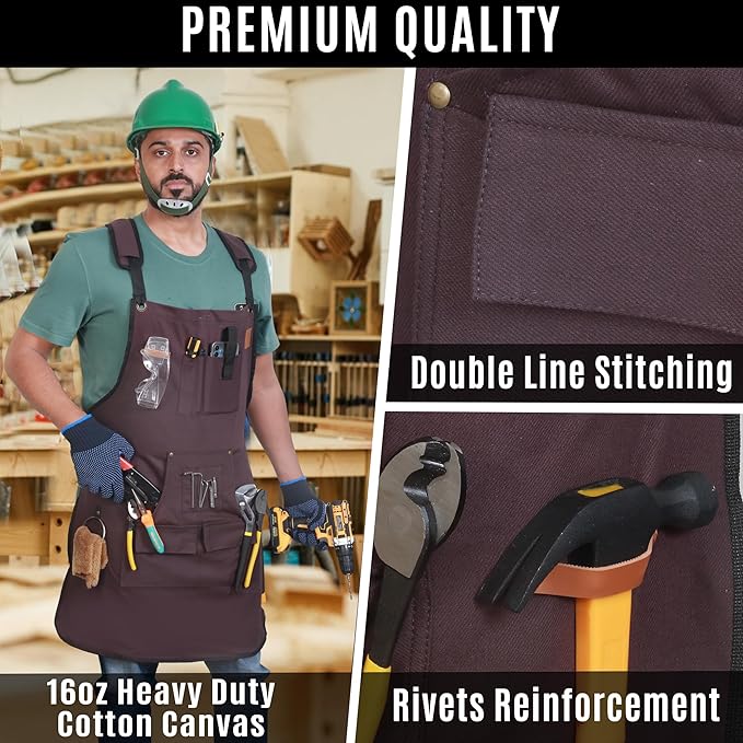 Woodworking Apron for Men - 9 Reinforced Pockets Durable Canvas Padded Cross Straps - Woodworking Gifts for Men