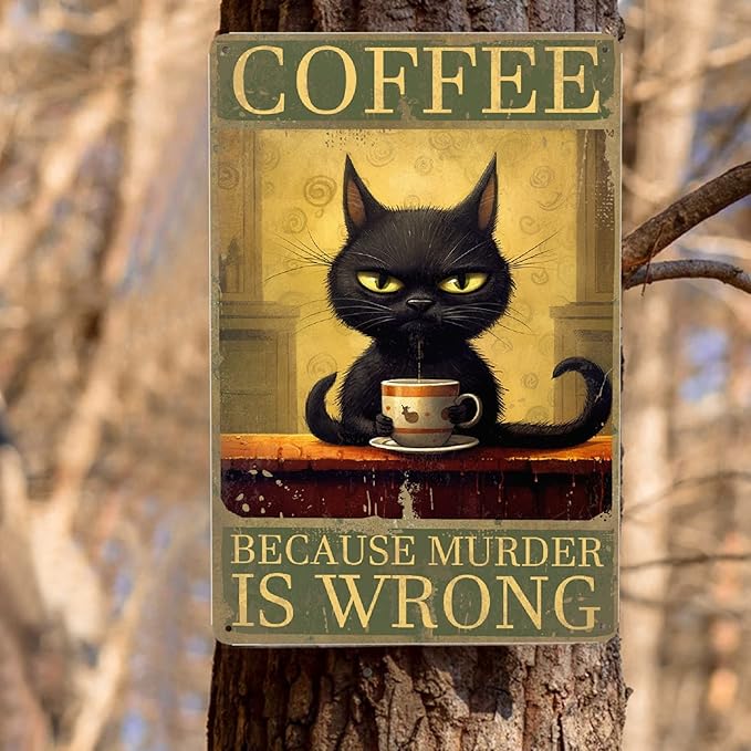 JOCASA Retro Black Cat Coffee Vintage Metal Tin Sign Kitchen Wall Decor- Because Murder Is Wrong Aluminum Metal Poster Sign for Cafe, Bar, Bedroom, Funny Signs Gift,12''x 8''