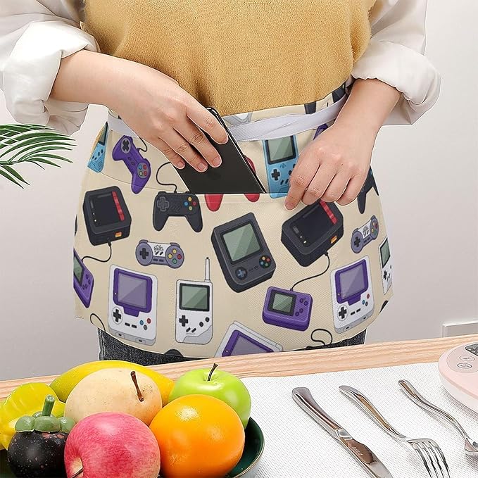 Unisex Chef Waiter Apron Waist Half Short Serving Aprons with 3 Pockets