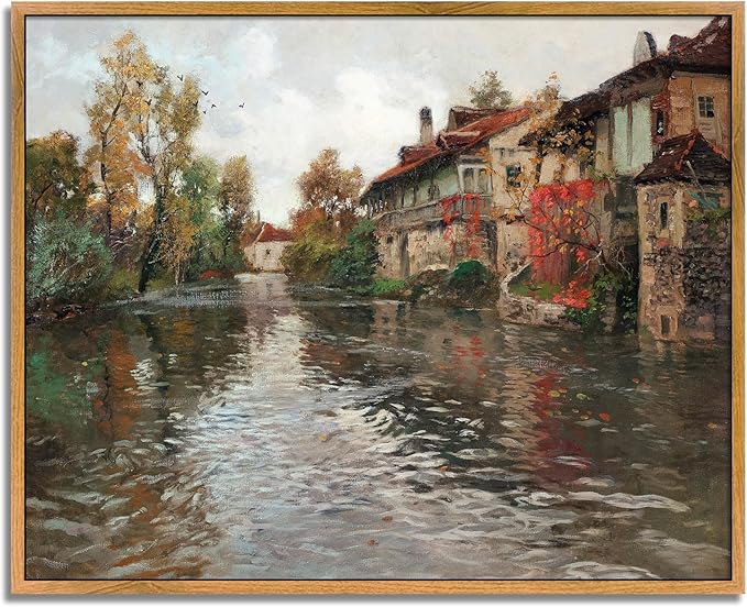 Vintage Farmhouse Framed Picture Nature Scenery Painting European Village Artwork River Village Wall Art French Landscape Canvas Colorful Farmhouse Pictures English Country Wall Art 8x10inch Framed