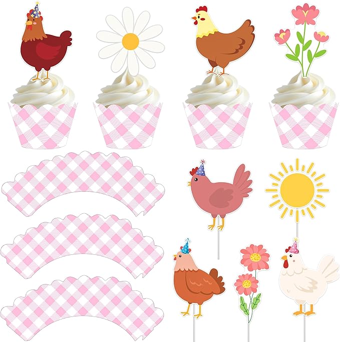Chicken and Daisy Cupcake Toppers and Wrappers Floral Chicken Birthday Decoration 48Pcs Pink Gingham Cupcake Liners barnyard Hen Themed Cake Decor for Farm Animals Bday Baby Shower Supplies