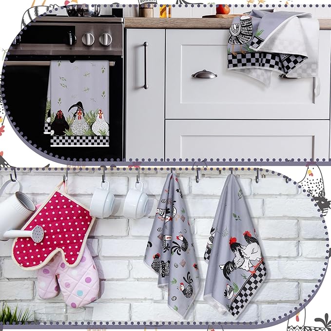 Geyoga 4 Pcs Chicken Kitchen Towels Rooster Dish Hand Towels Farm Animal Cow Vintage Rustic Tea Cloth for Spring Easter Bathroom Farmhouse Decor Gifts, 16 x 24 Inch(Fresh Color,Rooster)