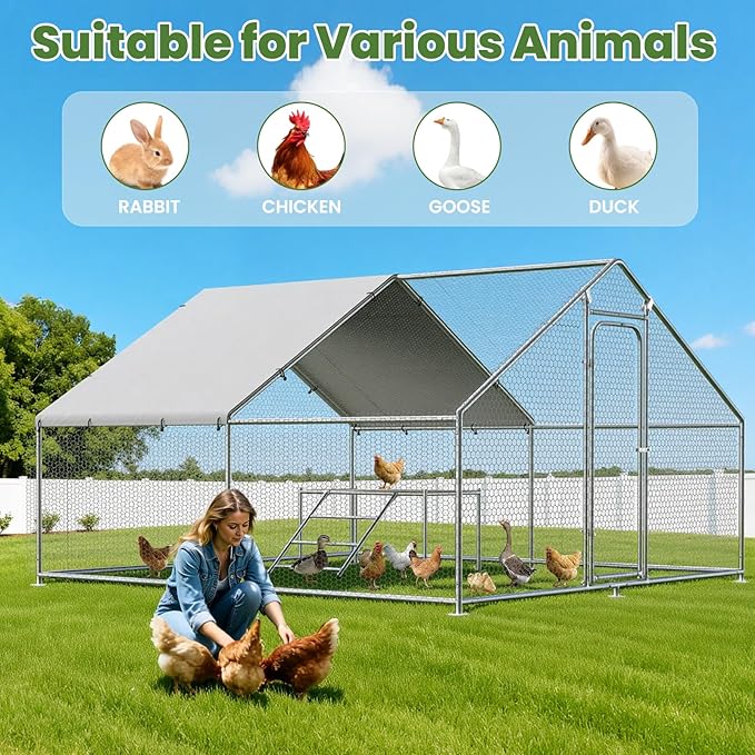 Large Metal Chicken Coop with Roosting Ladder, UV-Resistant and Waterproof Cover, Outdoor Walk-in Cage Hen House for Yard Farm Rabbit Duck Chicken Run, Spire Roof (13.1'W x 9.8'L x 6.4'H)