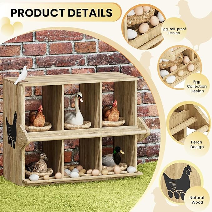 Chicken Nesting Box, 6 Compartment Wooden Nesting Boxes for Chickens with Perches, Floor/Stand/Wall Mount Large Chicken Nesting Boxes for Small & Medium Poultry