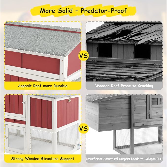 Wooden Chicken Coop with Wheels – Large Movable Outdoor Hen House with Waterproof Clear Sunlight Panel Roof, Nesting Box & Easy-Clean Tray – Spacious Backyard Poultry Tractor Red