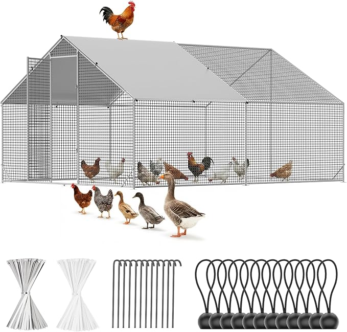 Metal Chicken Coop with Run, 13.1x9.8x6.6ft, Walk-in Chicken Run for Yard with Cover, Upgrade Double Lock & Rust-Proof Mesh, Stainless Steel Ties, Easy Assembly, Chicken Pen for Ducks, Rabbits